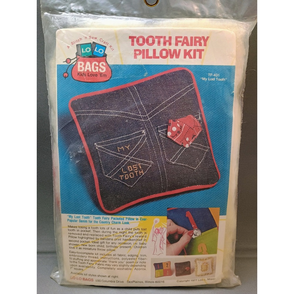 Vtg 1977 LO LO BAGS Tooth Fairy Pillow Craft Kit TF431 My Lost Tooth Jean Denim